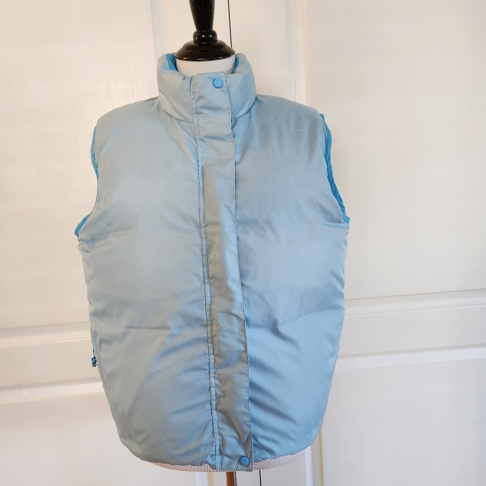 LL Bean Womens MEDIUM Puffer Vest Reversible Goose Down Blue Full Zip Pockets